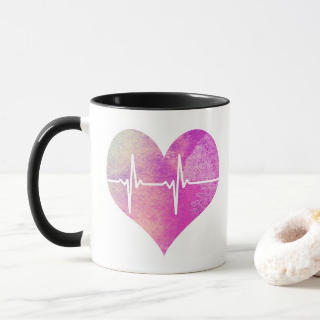 Caneca Coração de Aquarela Roxa EKG (Com Donut)
