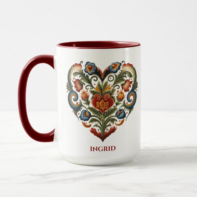 Caneca Coração de Arte Folk Personalizada Norueguesa Rose (Esquerda)