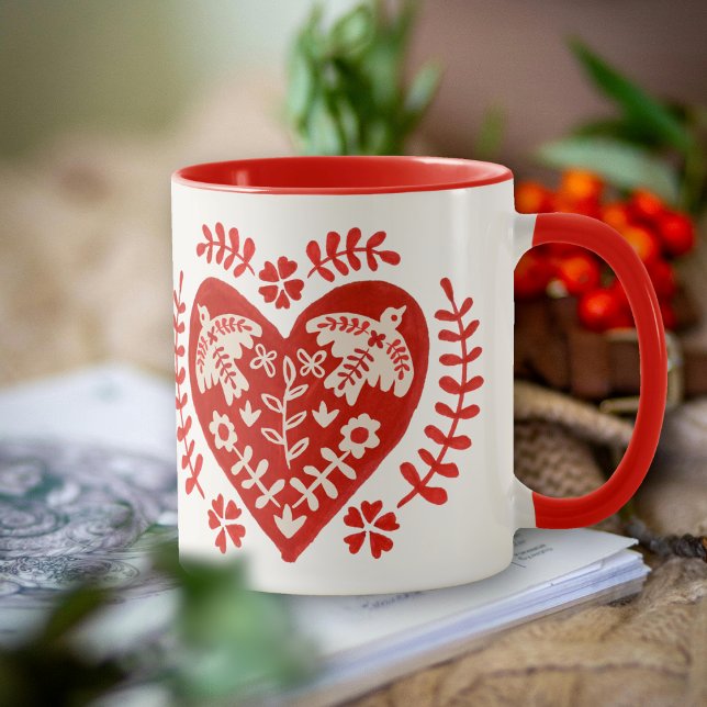 Caneca Coração de Arte Popular Vermelho e Branco (Criador carregado)