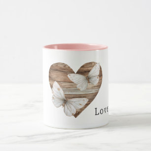 Caneca Coração de madeira falsa marrom borboletas brancas
