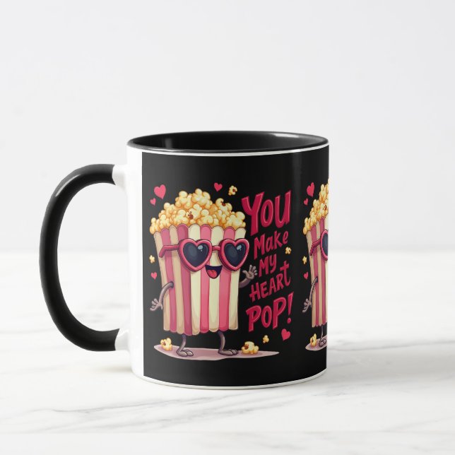 Caneca Coração de Pipoca Design de Dia dos Namorados Pop (Esquerda)