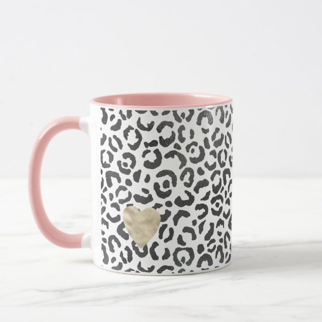 Caneca Coração Dourado Impresso do Leopardo Branco Preto  (Esquerda)
