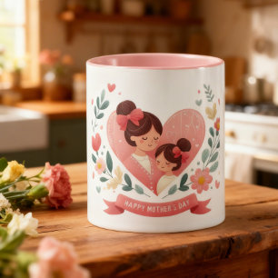 Caneca Coração Floral de Mãe e Filha - Feliz Dia das Mães