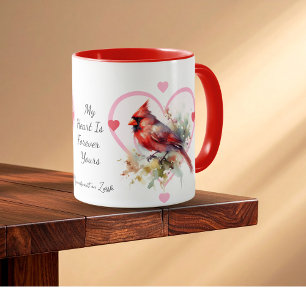 Caneca Coração 'Para Sempre' Cardinal Vermelho Personaliz