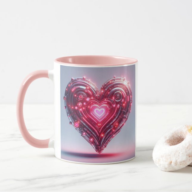 Caneca Coração Rosa Brilhante Futurístico (Com Donut)
