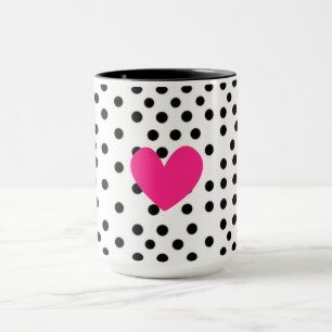 Caneca Coração Rosa Quente Fofo Preto e Branco com Bolinh