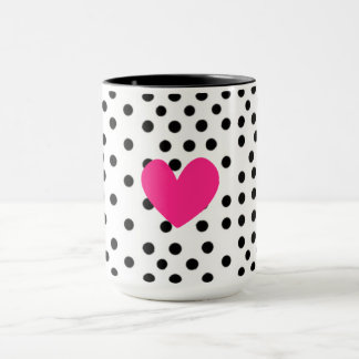 Caneca Coração Rosa Quente Fofo Preto e Branco com Bolinh