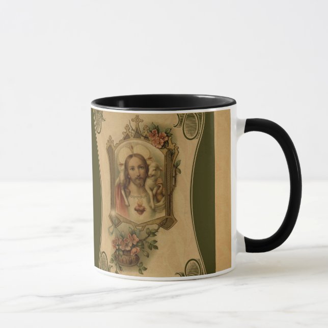Caneca Coração sagrado de Jesus com cordeiro & flores (Direita)