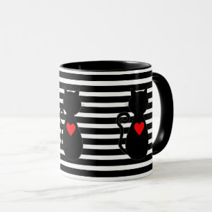 Caneca Coração Vermelho & Gato Preto em Listras Pretas e 