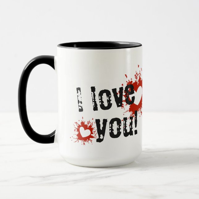 Caneca Corações com respingos de tinta vermelha, eu amo v (Esquerda)