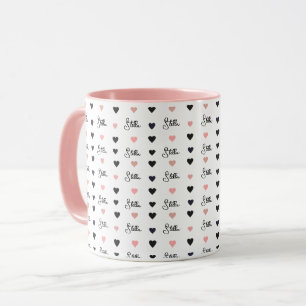 Caneca Corações Cor-de-Rosa Alinhados com Nome Repetido