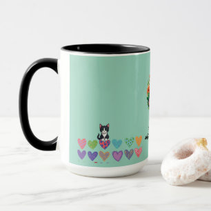 Caneca Corações de amantes de gatos e flores 