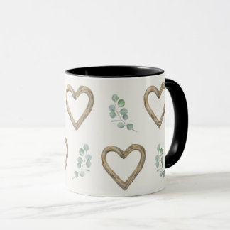 Caneca Corações de eucalipto e madeira em aquarela