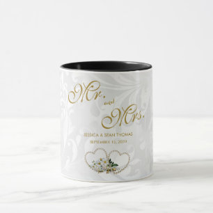 Caneca Corações de Pérola e Flores Damask Dia de Casament