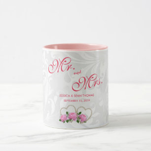 Caneca Corações de Pérola & Rosas Damask Dia de Noivado