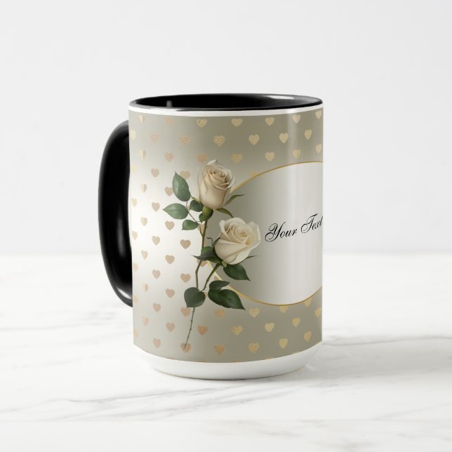 Caneca Corações Dourados Rosas Brancas (Frente Esquerda)