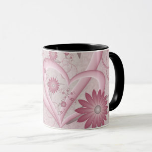 Caneca Corações e Flores Abstratos Rosa Arte Fractal do A