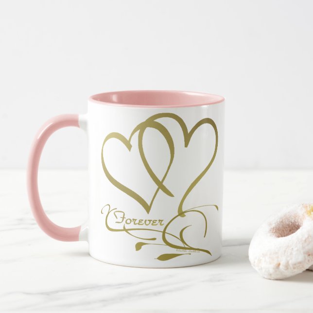Caneca Corações Eternos Dourado em Branco (Com Donut)