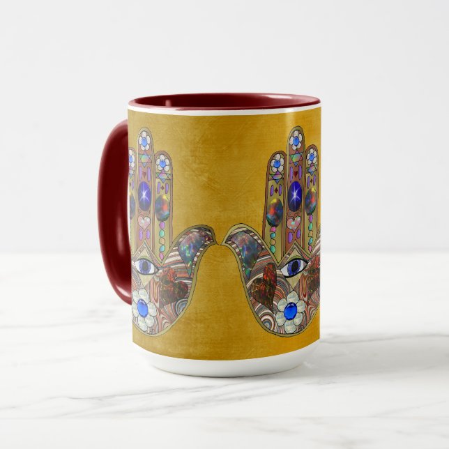 Caneca Corações Hamsa Flores Opala Arte em Ouro (Frente Esquerda)