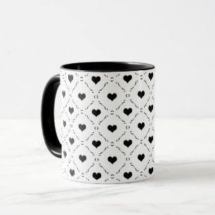 Caneca Corações Pretos Grade Geométrica Minimalista Coque