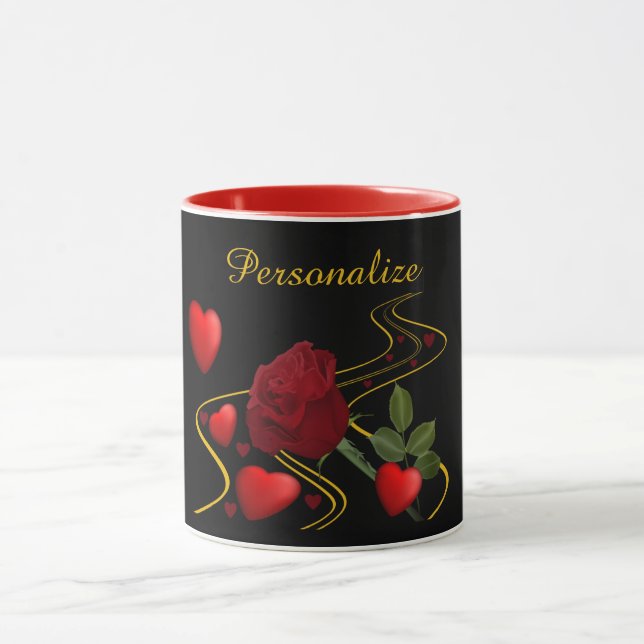 Caneca Corações Vermelhos Românticos e Personalizar Fita  (Centro)