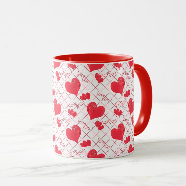Caneca Corações vermelhos, texto, "ama-te", vermelho e br (Frente Esquerda)