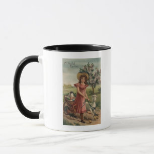 Caneca Cordeiro, pintinho, e galo de passeio da menina