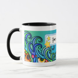 Caneca Cores Brilhantes, Ondas - Rabiscos De Peixe, Perso