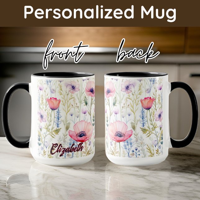Caneca Cores-d'água personalizadas, mug de flores silvest (Birthday gift for her, birthday mug for mom, watercolor floral gift for women, custom mug for her)
