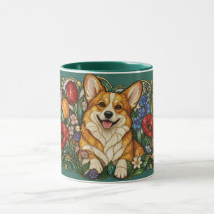 Caneca Corgi Vitral Floral Art Nouveau