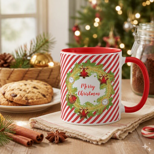 Caneca Coroa de Férias Feliz Natal Listras Vermelhas (Criador carregado)