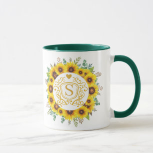 Caneca Coroa de Girassóis Amarelos Elegante com Nome Mono