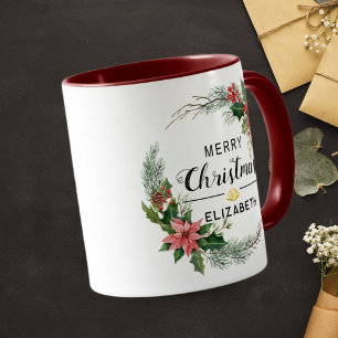 Caneca Coroa de Natal com Flores e Letreiro em Marrom Vin