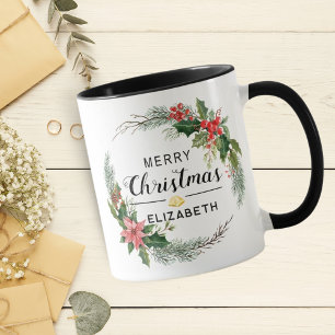 Caneca Coroa de Natal com Flores e Letreiro Preto