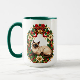 Caneca Coroa de Natal em Art Nouveau com Gato Siames