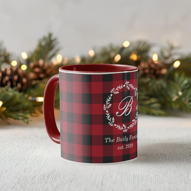 Caneca Coroa de Natal em Xadrez Búfalo Vermelho Rústico c (Criador carregado)