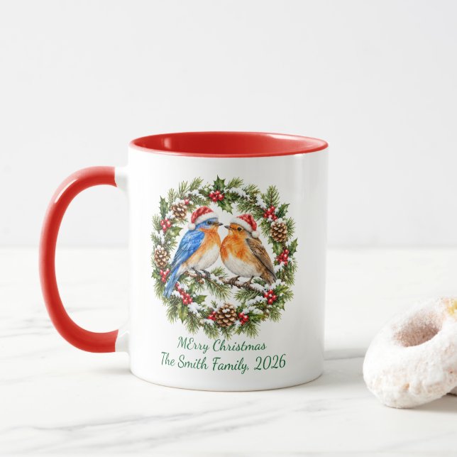 Caneca Coroa de Natal Rústica com Pássaros Apaixonados Ve (Com Donut)