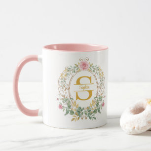 Caneca Coroa Floral Aquarela Monograma Inicial Dourado