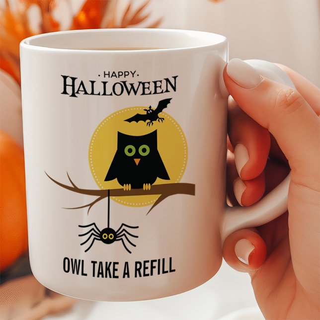 Caneca Coruja Assustadora e Aranha Halloween Personalizáv (Criador carregado)