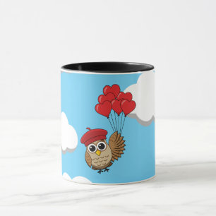 Caneca Coruja-Bonita Voando com Balões de Coração