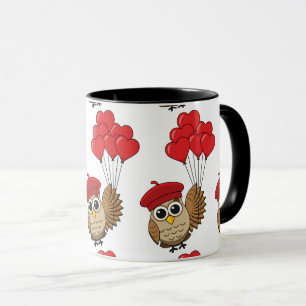 Caneca Coruja-Bonita Voando com Balões de Coração