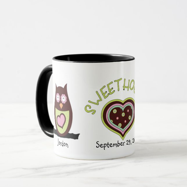 Caneca Coruja Casal Anniversário Mug (Frente Esquerda)
