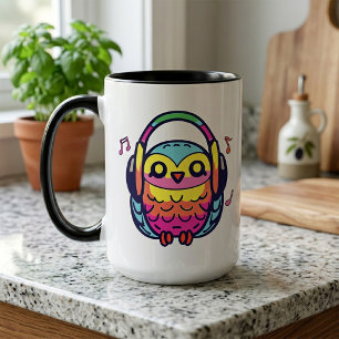 Caneca Coruja feliz com fones de ouvido ouvindo música.