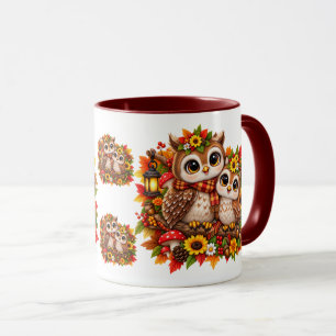 Caneca Corujas Fofo Confortáveis Folhas de Outono Cogumel
