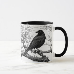 Caneca Corvo Empoleirado em Galhos de Inverno nus