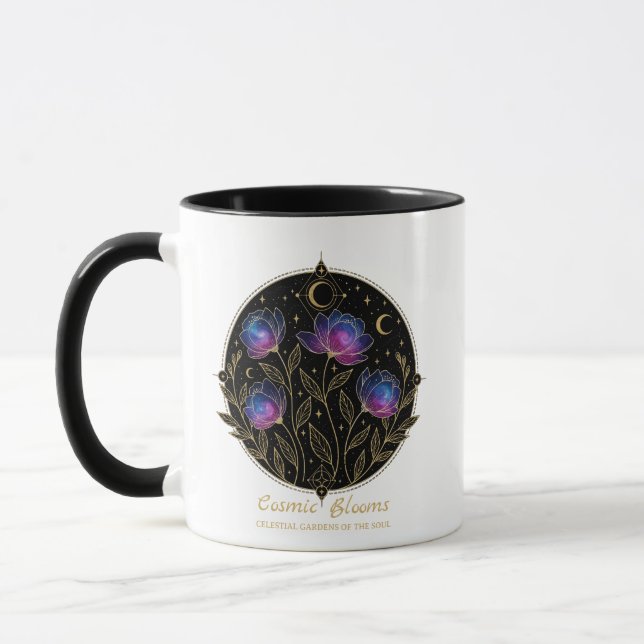 Caneca Cosmic Blooms – Celestial Floral Mandala flowers (Esquerda)