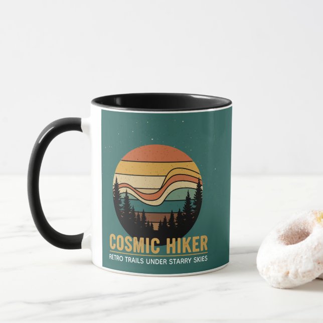 Caneca Cosmic Hiker Retro 70s Sunset Space Forest Stars (Com Donut)