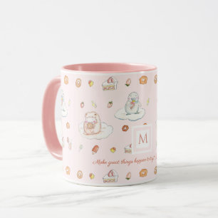 Caneca Cota do Monograma Rosa Pastel Ovinos e Pinguins
