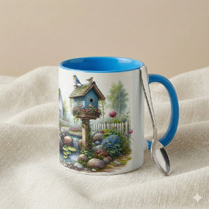 Caneca Cottagecore Casa de Pássaros Jardim Aquarela
