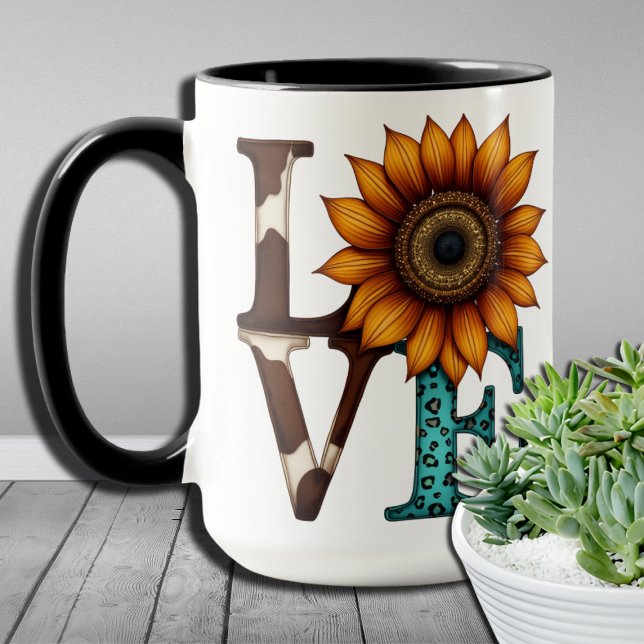 Caneca Country Charm LOVE Cowhide Sunflower Design (Criador carregado)